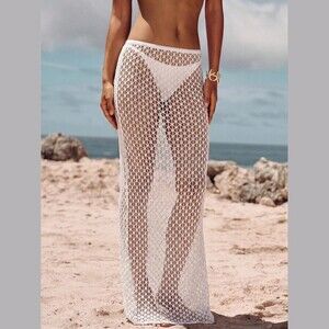 White Sheer Crochet Fishnet Maxi Skirt Cover-Up